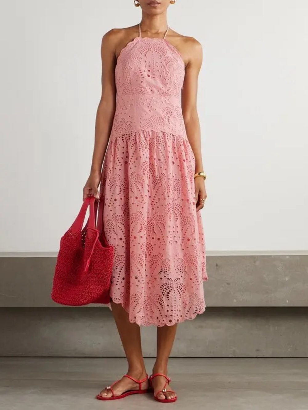 FARM Rio Palm Tree Eyelet Midi Dress Pink